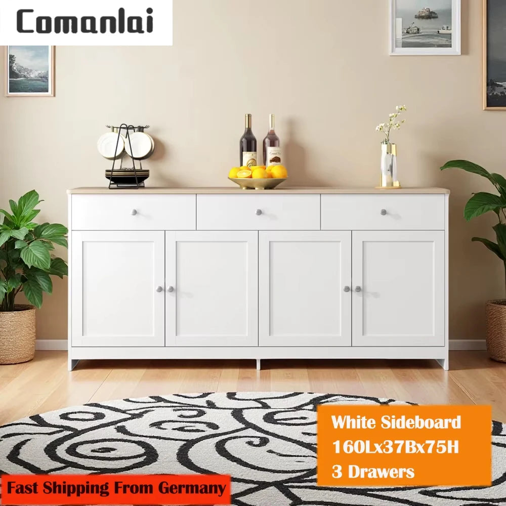 Comanlai Sideboard with Wood Paint Countertop,Kitchen Cabinet with Worktop,4 Doors,3 Drawers,for Living Room and Dining Room