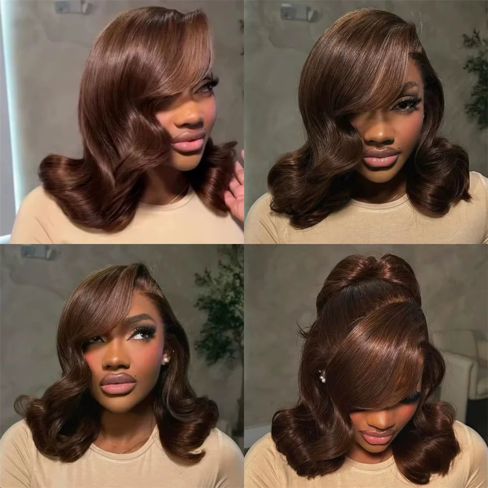 Chocolate Brown Body Wave Bob Wig 100% Human Hair 13x4 Transparent Lace Frontal Wig Short Bob Wig 10-16 Inch For Black Women