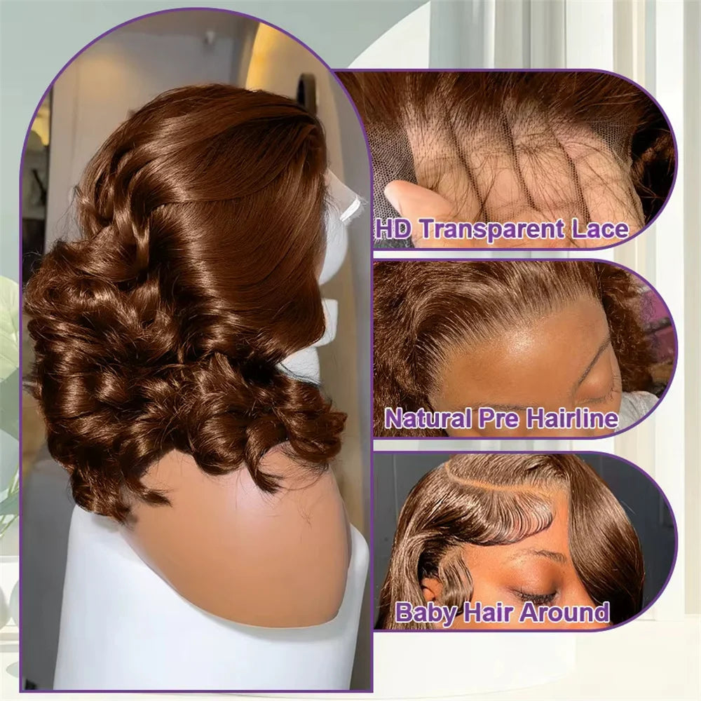 Chocolate Brown Body Wave Bob Wig 100% Human Hair 13x4 Transparent Lace Frontal Wig Short Bob Wig 10-16 Inch For Black Women