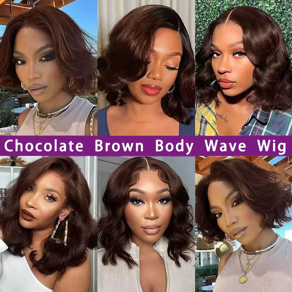 Chocolate Brown Body Wave Bob Wig 100% Human Hair 13x4 Transparent Lace Frontal Wig Short Bob Wig 10-16 Inch For Black Women