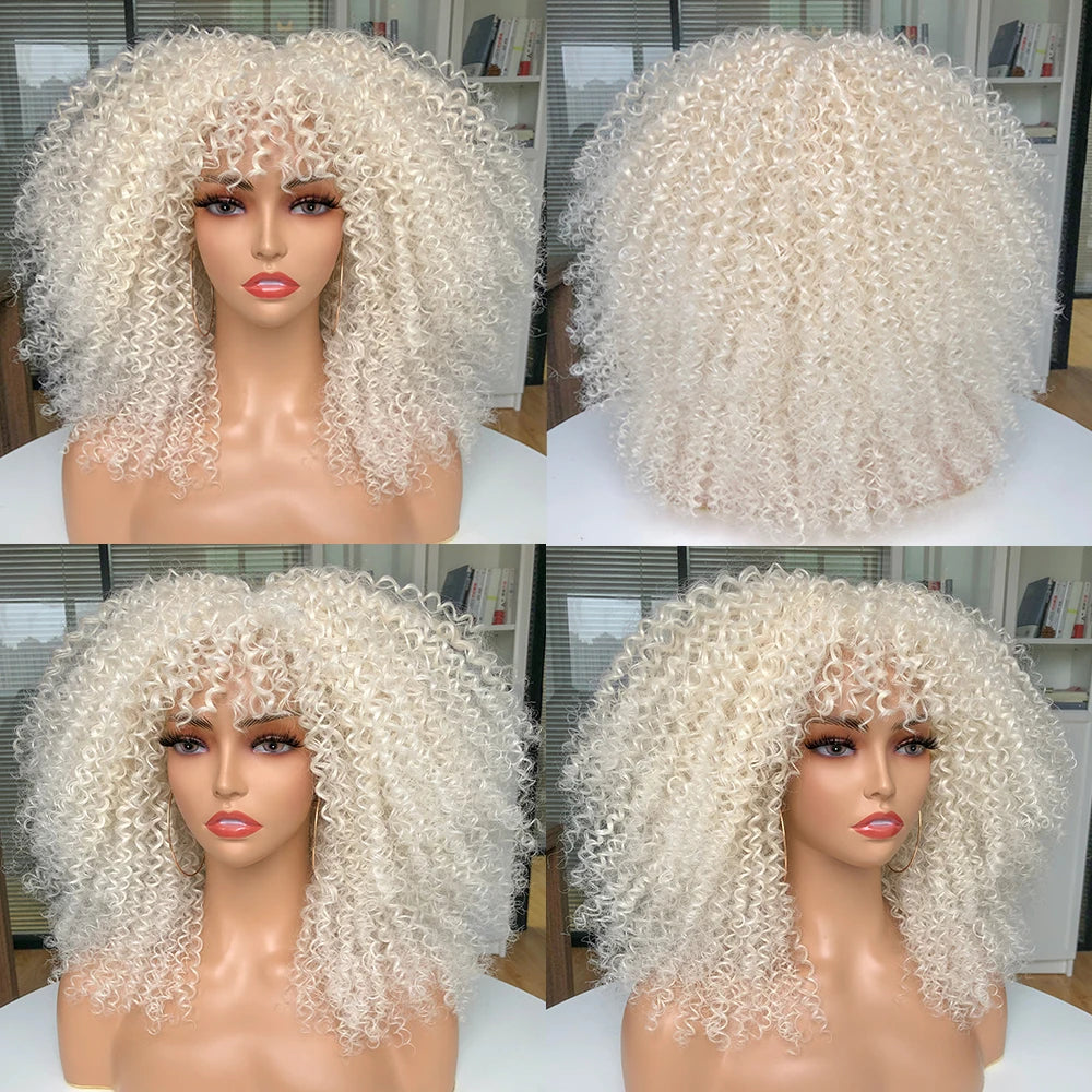 Short Wigs Afro Hair Kinky Curly Wigs With Bangs For Black Women Cosplay Lolita Blonde Wig Synthetic Blue White Purple