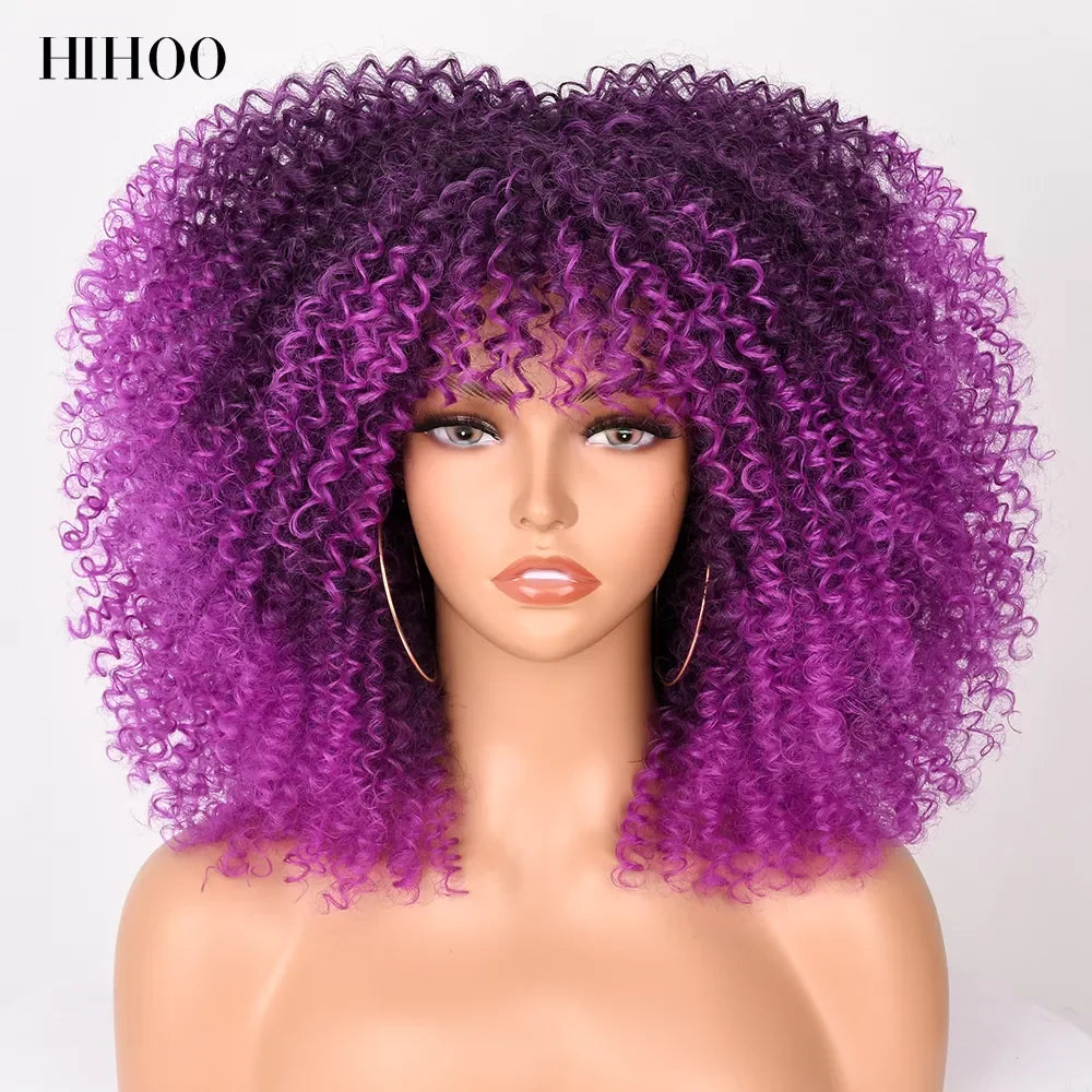 Short Wigs Afro Hair Kinky Curly Wigs With Bangs For Black Women Cosplay Lolita Blonde Wig Synthetic Blue White Purple