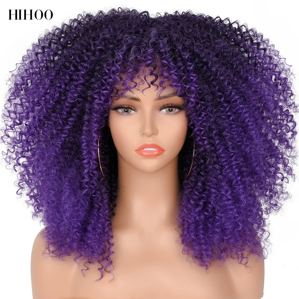 Short Wigs Afro Hair Kinky Curly Wigs With Bangs For Black Women Cosplay Lolita Blonde Wig Synthetic Blue White Purple