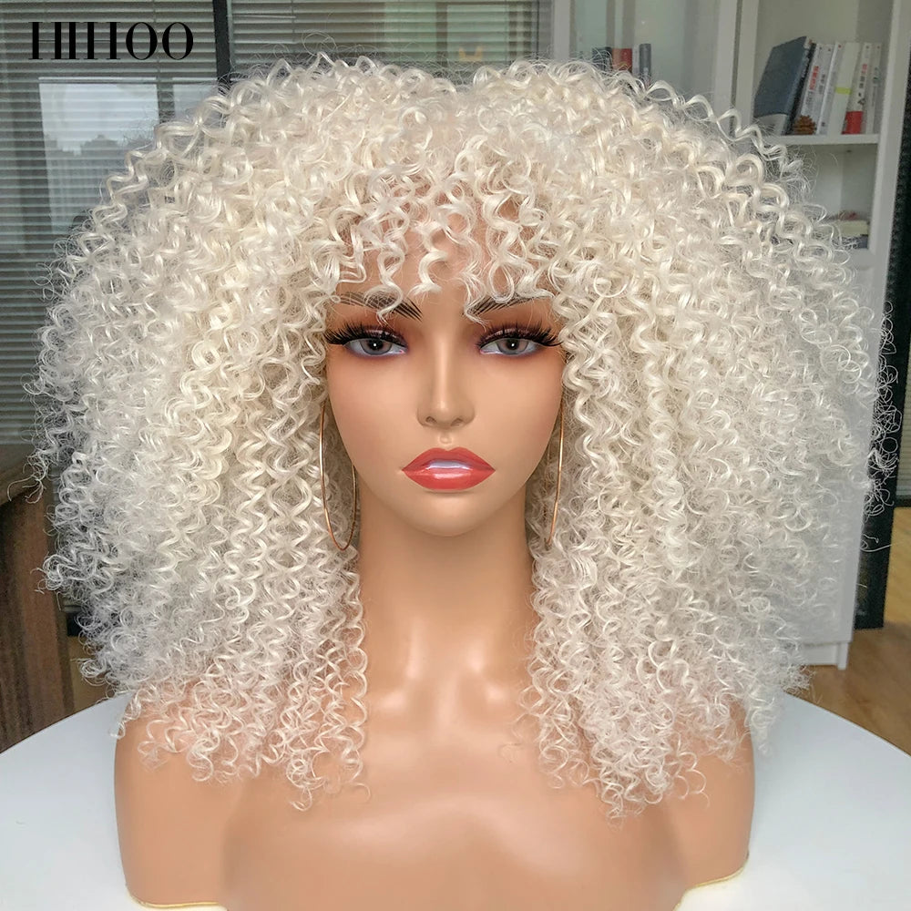 Short Wigs Afro Hair Kinky Curly Wigs With Bangs For Black Women Cosplay Lolita Blonde Wig Synthetic Blue White Purple