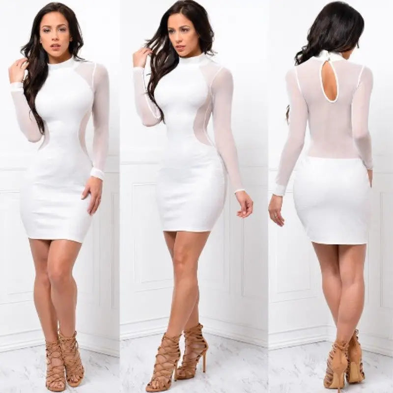 Summer Dresses New Women Summer Casual Long Sleeve O-Neck Backless Dress Sexy Lace See Though Mini Dress S-XL
