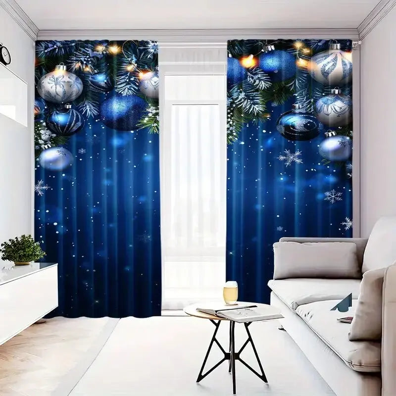 2pcs - Christmas curtains, blue Christmas balls, polyester printed curtains, home decoration, room decoration