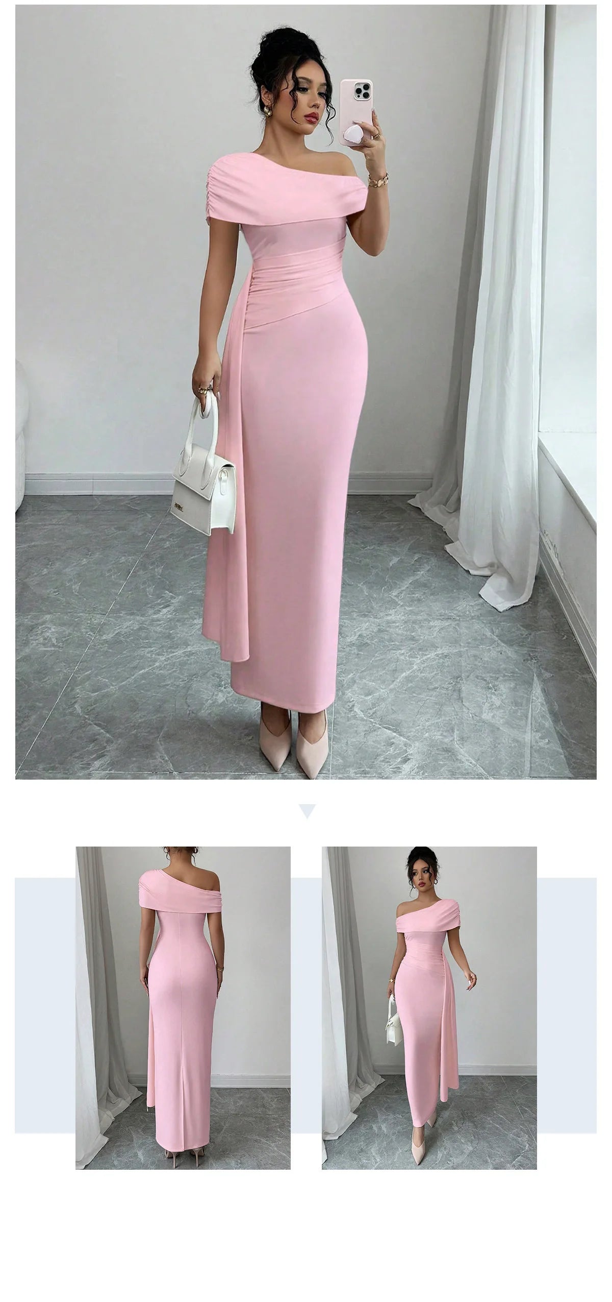 Sheath Dress Women Party Long Dresses Asymmetrical Diagonal Collar Slim Folds Maxi Gown Summer 2025 Female Sexy Vestidos