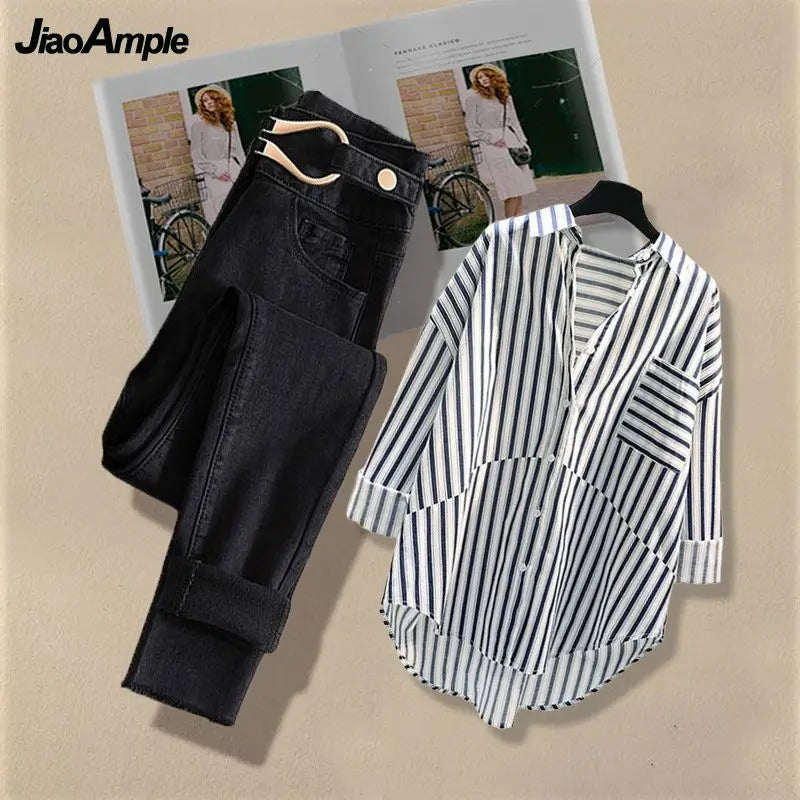 Women Spring/Summer New Matching Set 2026 Korean Elegant Striped Shirt Top+Jeans Two Piece Female Loose Blouse Denim Pants Suit