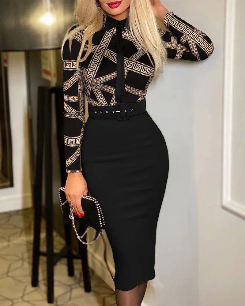 Elegant Print Bodycon Dress Women Fashion Slim V-neck Short Sleeve Lady Dresses Spring Autumn Office Commute Belt Party Dress