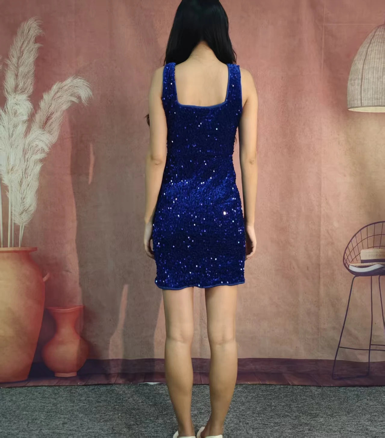 Sparkling sleeveless square neck dress for women, slim fit, hip hugging dress, evening party dress