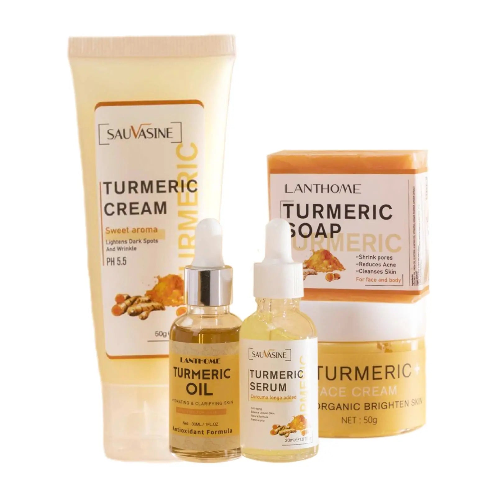 5 Piece Set Turmeric Facial Care Acne Cleansing Cream,Anti-Aging Serum,Dark spot Moisturizer Fade Spots for Radiant Skin Care