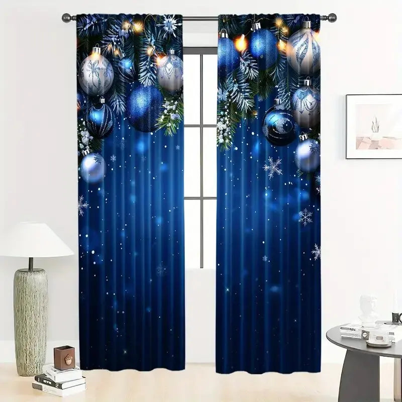 2pcs - Christmas curtains, blue Christmas balls, polyester printed curtains, home decoration, room decoration