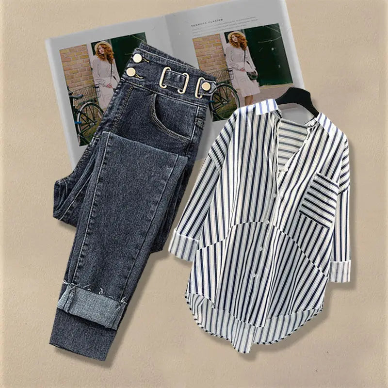 Women Spring/Summer New Matching Set 2026 Korean Elegant Striped Shirt Top+Jeans Two Piece Female Loose Blouse Denim Pants Suit