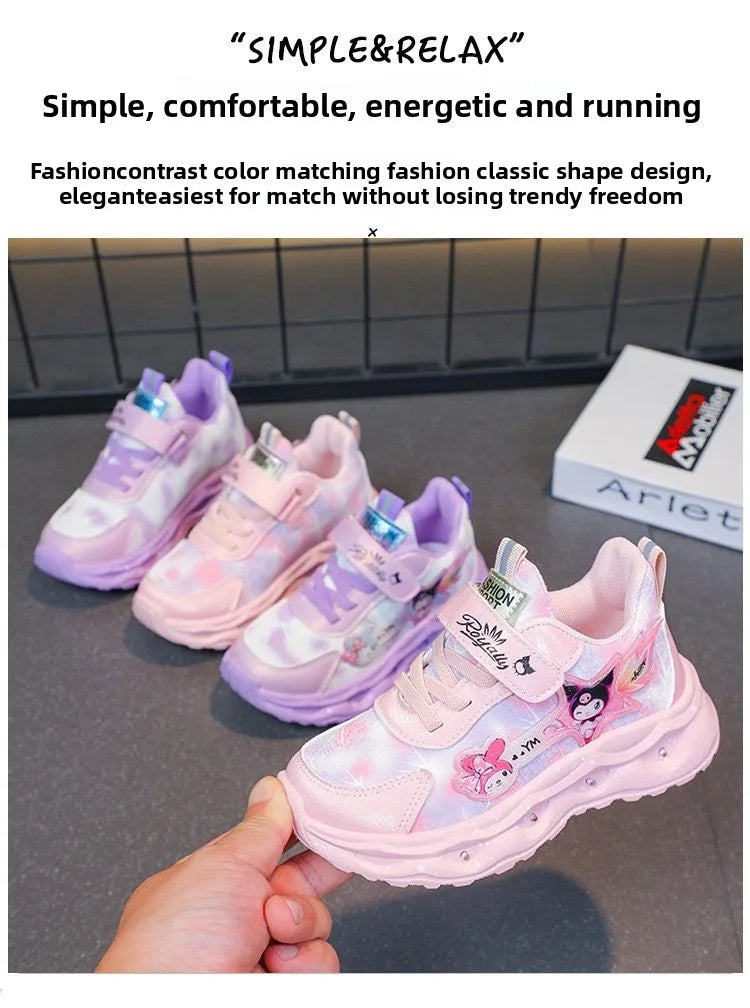 2025 New Light Up Girls Running Shoes Cartoon Leather Waterproof Breathable Anti Slip Trendy Kids Sneakers