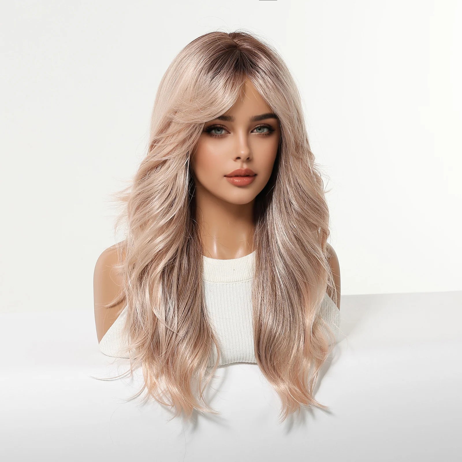 Rose Blonde Ombre Brown Long Natural Wave Synthetic Wigs with Bangs for Women Heat Resistant Daily Cosplay Party Hairs Wig Use