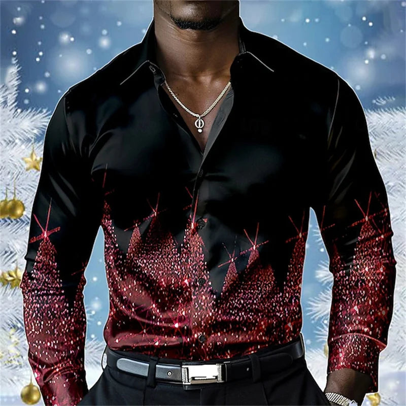 Christmas Men's Snowflake Satin Button Shirt Long Sleeve Casual Holiday Party Evening Wear Daily Four Seasons Lapel Shirt