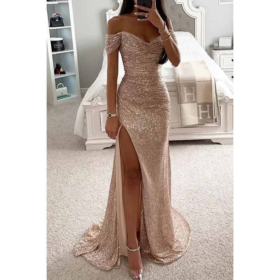 Womens Dresses New Party Sequin One Line Neckline Slit Dress Casual Fashion Dress for Women