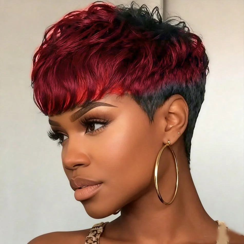 Short Pixie Cut Straight Human Hair Wig With Bangs Peruvian Hair Full Machine-Made Layered Pixie Cut For For Daily Wear