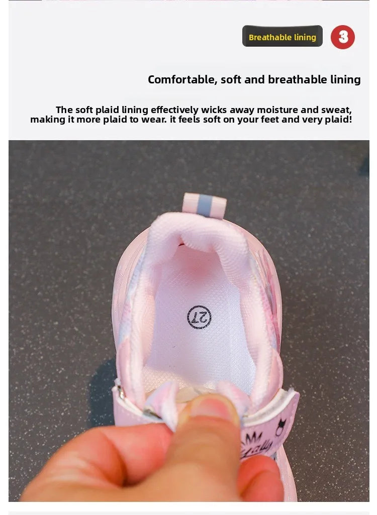 2025 New Light Up Girls Running Shoes Cartoon Leather Waterproof Breathable Anti Slip Trendy Kids Sneakers