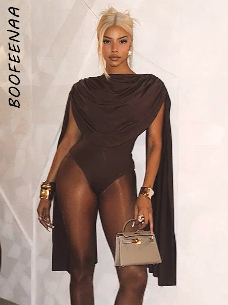 BOOFEENAA Cowl Neck Sleeveless Bodysuit Tops Spring 2025 Women Sexy Clothing Brown One Pieces Club Outfit C85-CZ24, dress