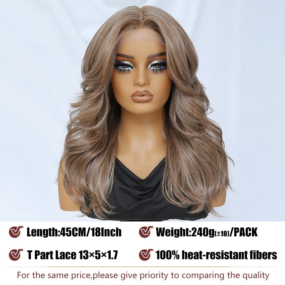 Layered Wigs 13x5x1T-Part Lace Wig With Bangs For Women 18 Inch Red Synthetic Lace Front Wig For Daily Use Ombre Brown Afro Wigs