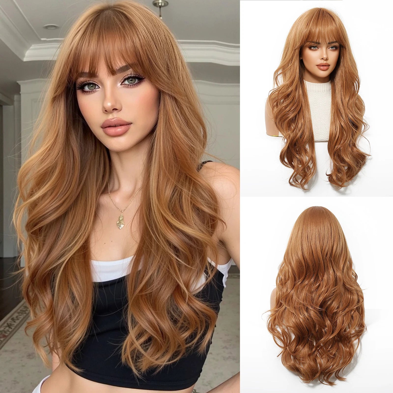Rose Blonde Ombre Brown Long Natural Wave Synthetic Wigs with Bangs for Women Heat Resistant Daily Cosplay Party Hairs Wig Use