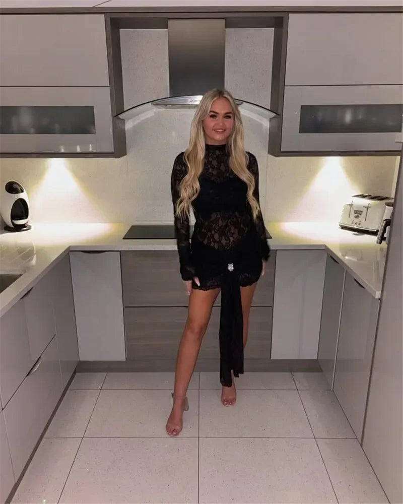 Lace Long Sleeve Sexy Mini Dress For Women Robe Fashion Black See Through Draped Ruched Bodycon Club Party Dress