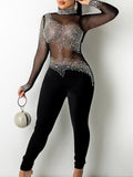 Sexy see through Rhinestone mesh bodycon jumpsuit women summer Long sleeve jumpsuits body birthday party club outfits bodysuit