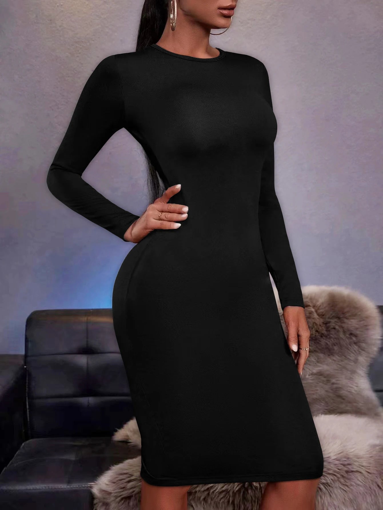 New Tight Highly Elastic Women's Dress Fashion Solid Color Sexy Long Sleeved Women Dress Wrapped Bobycon Midi Dress