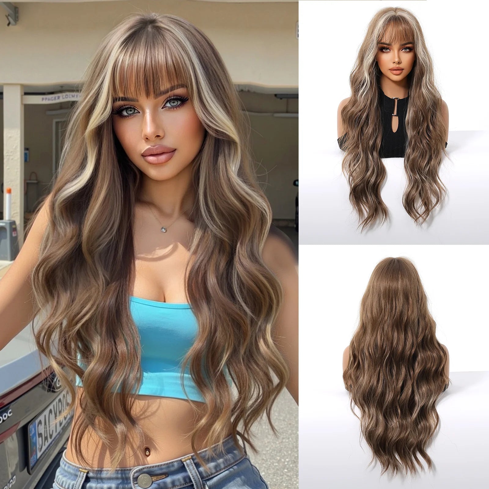 Rose Blonde Ombre Brown Long Natural Wave Synthetic Wigs with Bangs for Women Heat Resistant Daily Cosplay Party Hairs Wig Use