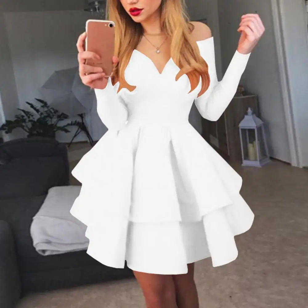Elegant Women Long Sleeve V Neck Off Shoulder Large Swing Ruffled Hem Mini Dress
