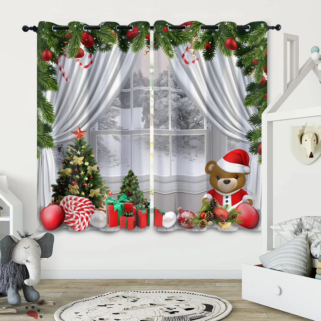 2pcs Christmas Teddy Bear Print Blackout Curtains Insulation Multiple Sizes Living Room Bedroom Decoration, Machine Washable