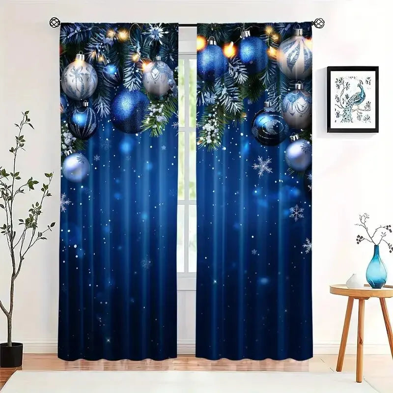 2pcs - Christmas curtains, blue Christmas balls, polyester printed curtains, home decoration, room decoration