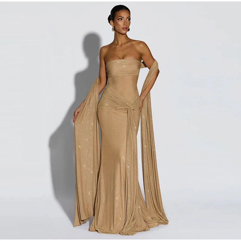 Women's Elegant Bustier Dress Sexy Strapless Corset Transparent Draped Satin Lace Up Bodycon Dresses Evening Party Shining Robe