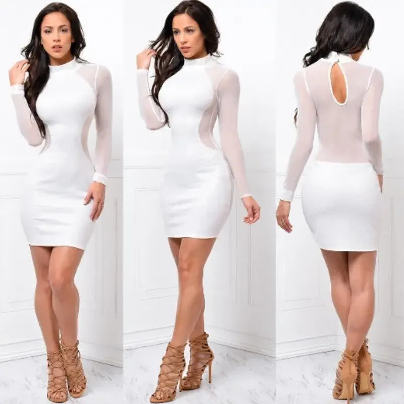 Summer Dresses New Women Summer Casual Long Sleeve O-Neck Backless Dress Sexy Lace See Though Mini Dress S-XL