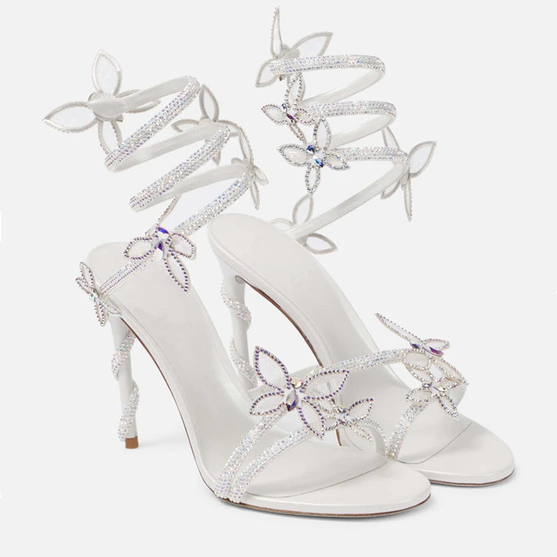 Luxury Crystal Embellished Butterfly Detail Women Sandals Sexy Coiled Strap High heels Gladiator Sandals Summer Party prom Shoes, need a dress