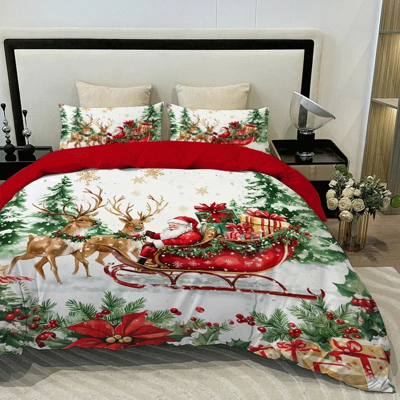 3PC Sled Elderly Duvet Cover Cute Elk Set Bedding Set (1Duvet Cover&2Pillowcases) Christmas Furniture Decor No Filler/Core