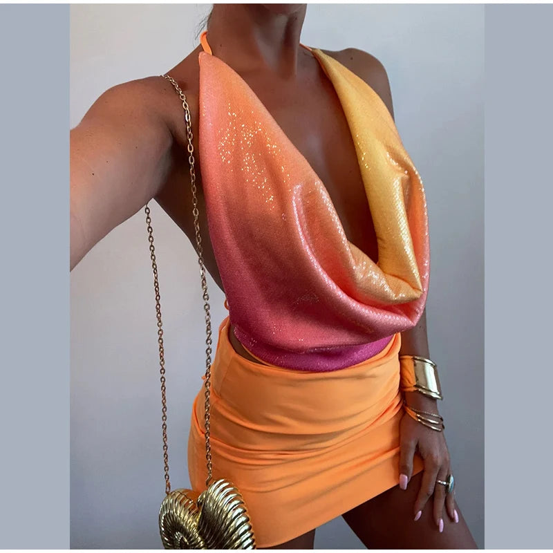 Colorful Sequin Halter Plunge-Neck Set Sleeveless Backless Vest Bodycon Mini Skirt 2025 Summer Party Chic Suit Sexy Lady Outfit