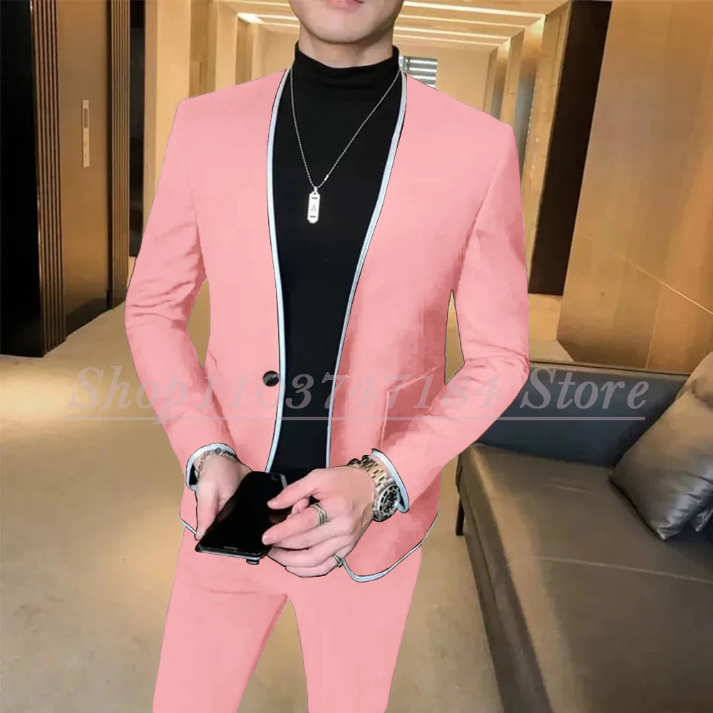 Elegant Black Gentlemen Men's Suits Slim Fit Casual Prom Party 2 Piece Jacket Pants Full Set Luxury Male Clothing Terno Blazer