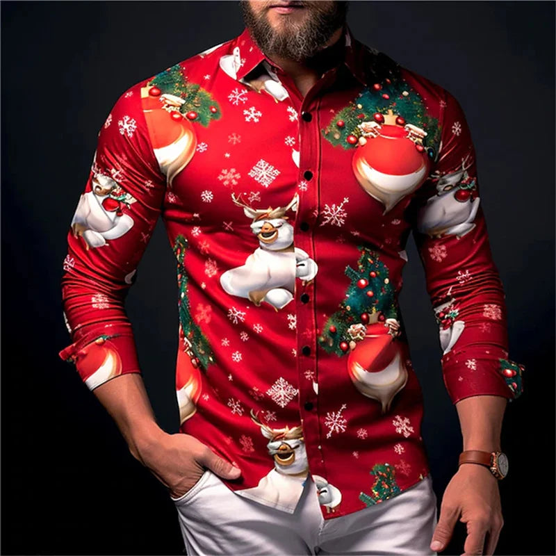 Christmas Men's Snowflake Satin Button Shirt Long Sleeve Casual Holiday Party Evening Wear Daily Four Seasons Lapel Shirt
