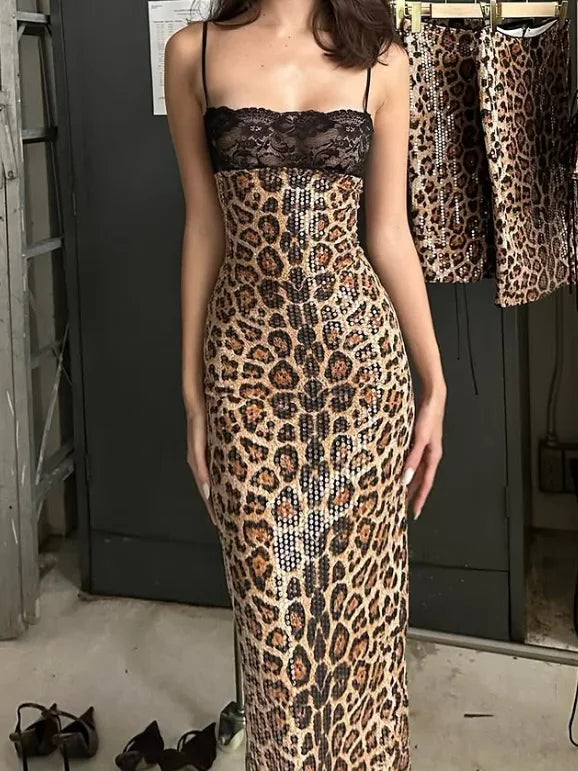 Women Sexy Leopard Print Sling Maxi Dress Chic Sequin Backless Lace Patchwork Slim Dresses Fashion New Lady Party Vacation Robes