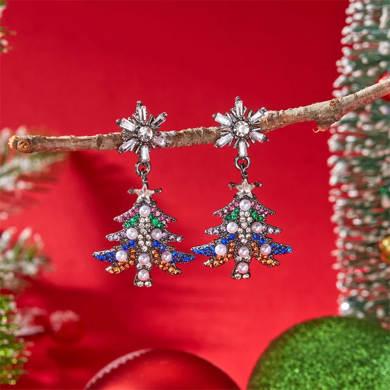 Christmas Rhinestone Bells Drop Earrings For Women Exquisite Imitation Pearl Xmas Tree Star Dangle Earring Party Holiday Jewelry