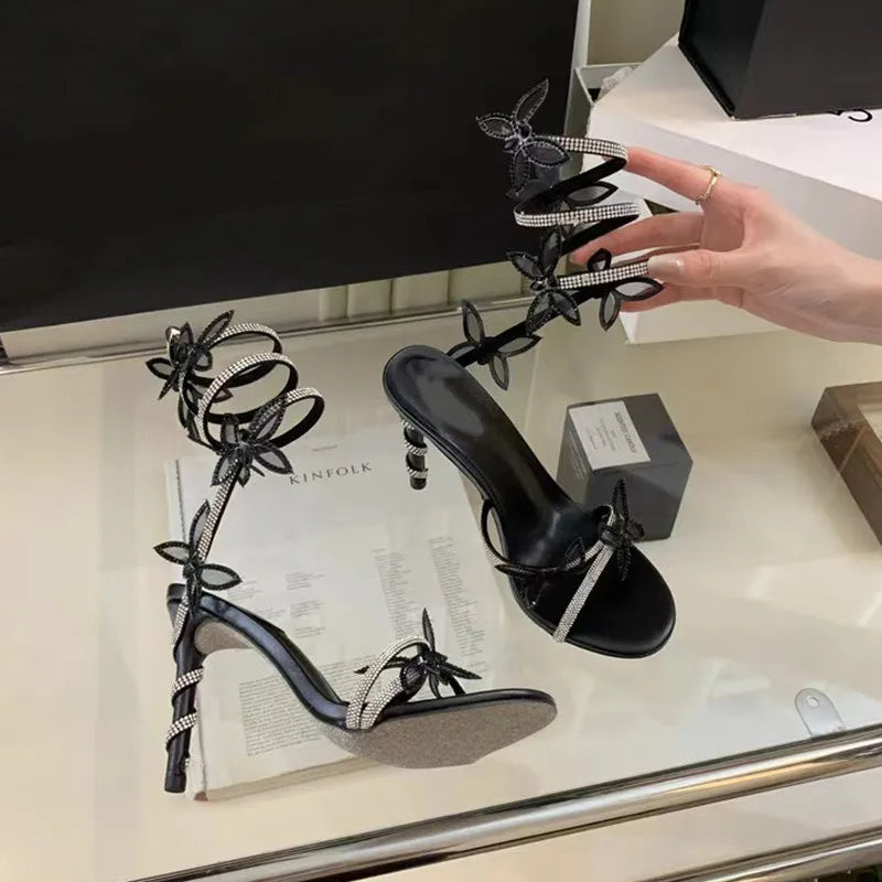 Luxury Crystal Embellished Butterfly Detail Women Sandals Sexy Coiled Strap High heels Gladiator Sandals Summer Party prom Shoes, need a dress