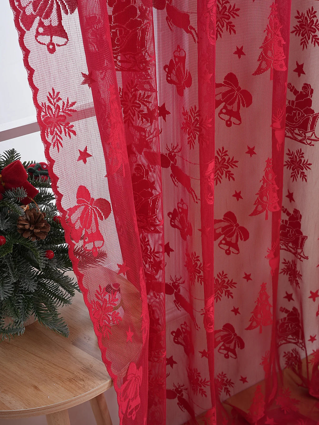American Red Lace Sleigh Santa Christmas Curtains for Living Room Bedroom Window Festive Atmosphere Decorative