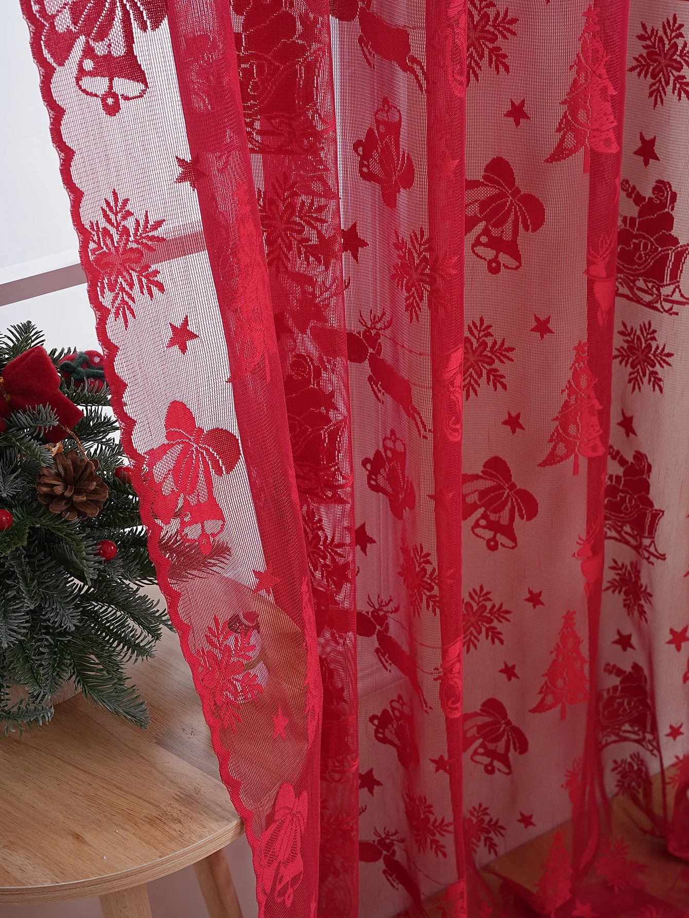 American Red Lace Sleigh Santa Christmas Curtains for Living Room Bedroom Window Festive Atmosphere Decorative