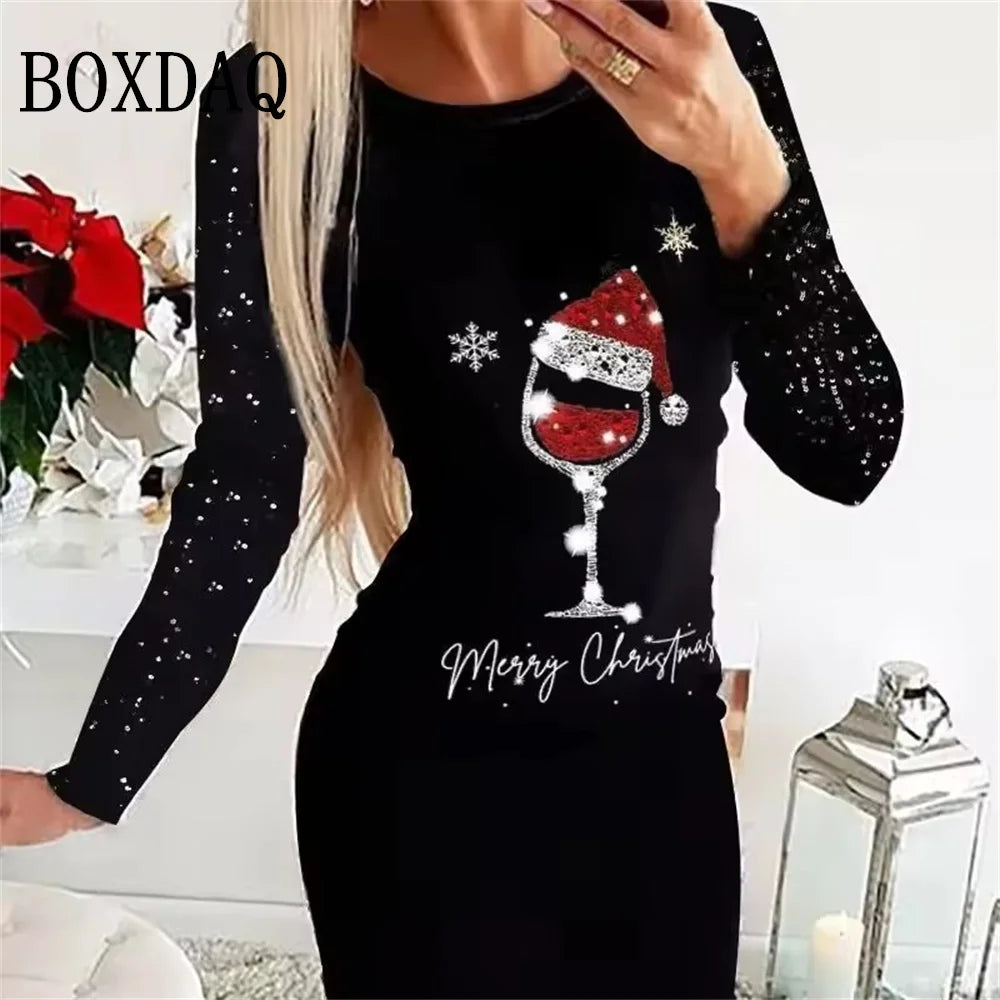 Women Christmas Party 3D Funny Snowman Christmas Element Printed  2025 Autumn Winter Long Sleeve Casual Bodycon D.