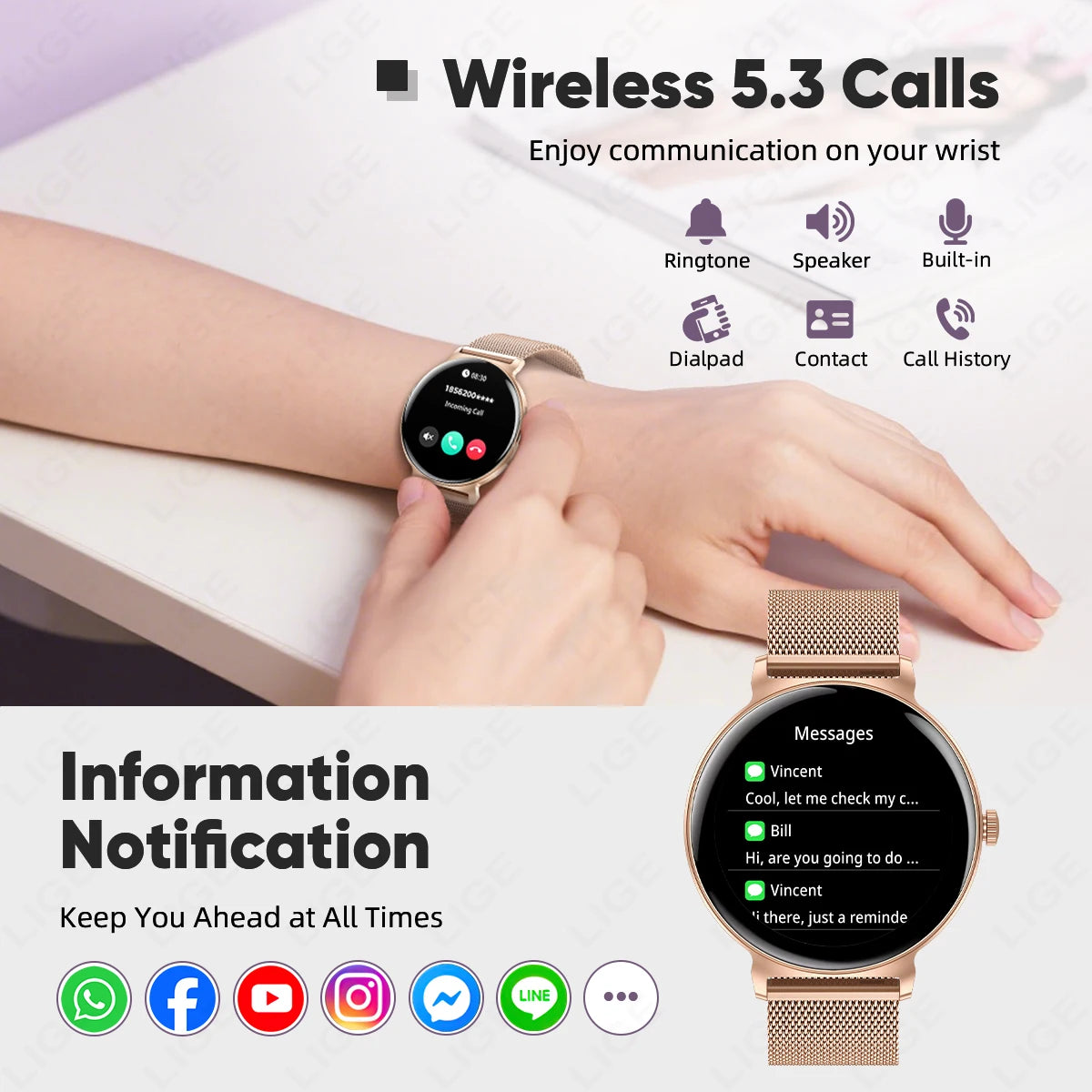LIGE Ultra-thin Smart Watch Ladies Bluetooth Call Custom Dial Sport Heart Rate Health Tracking Watch Waterproof Women Smartwatch