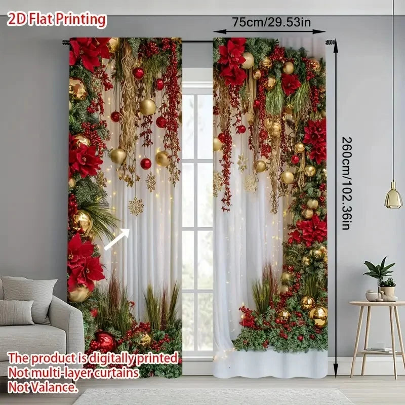 Christmas decoration-2Pcs-Flower plant tassels print curtains,suitable for bedroom,living room,home decoration,window decoration