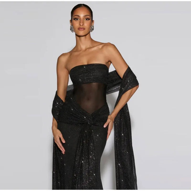 Women's Elegant Bustier Dress Sexy Strapless Corset Transparent Draped Satin Lace Up Bodycon Dresses Evening Party Shining Robe