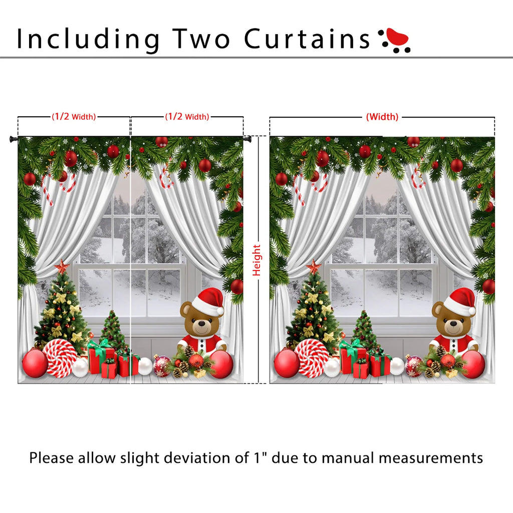 2pcs Christmas Teddy Bear Print Blackout Curtains Insulation Multiple Sizes Living Room Bedroom Decoration, Machine Washable